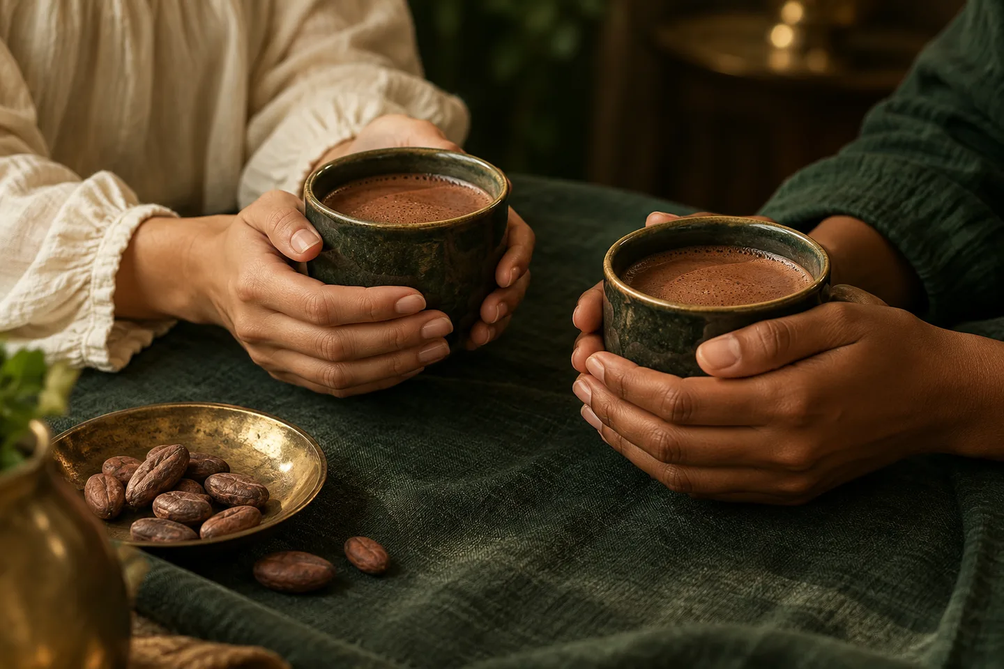 Mãos segurando xícaras de cacau sobre uma mesa com tecido verde.