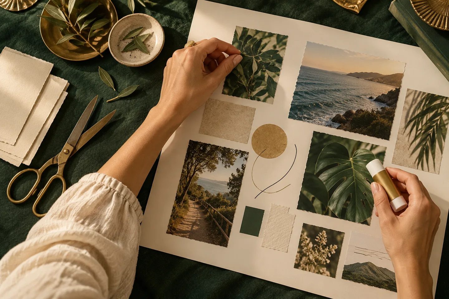 Mãos organizando recortes de imagens e colando elementos em um Mapa dos Sonhos.